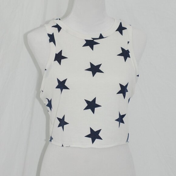GeeGee Womens Medium White Crop Top Blue Stars Distressed 17” EUC USA America - Picture 1 of 5